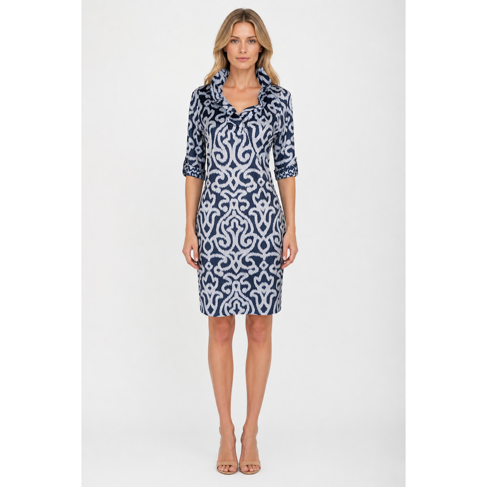 Gretchen Scott Arabesque RuffNeck Sheath Dress Stretch Jersey Navy Blue Medium